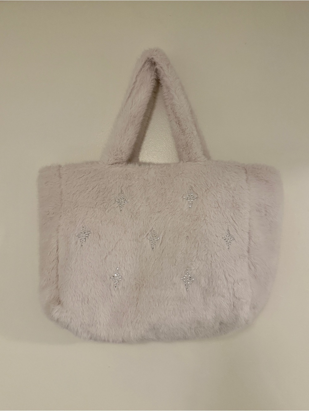 Plush Faux-Fur Tote Bag with Crystal Accents - cream / ivory / white
